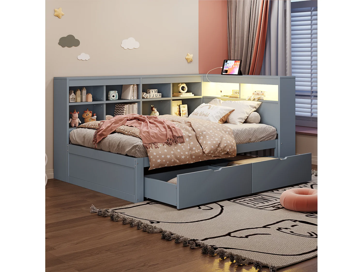 Massief houten slaapbank 90x200 cm, met opbergruimte, USB-aansluiting en LED-verlichting, planken en opbergvakken, grijs (222,3x116x90,5 cm)