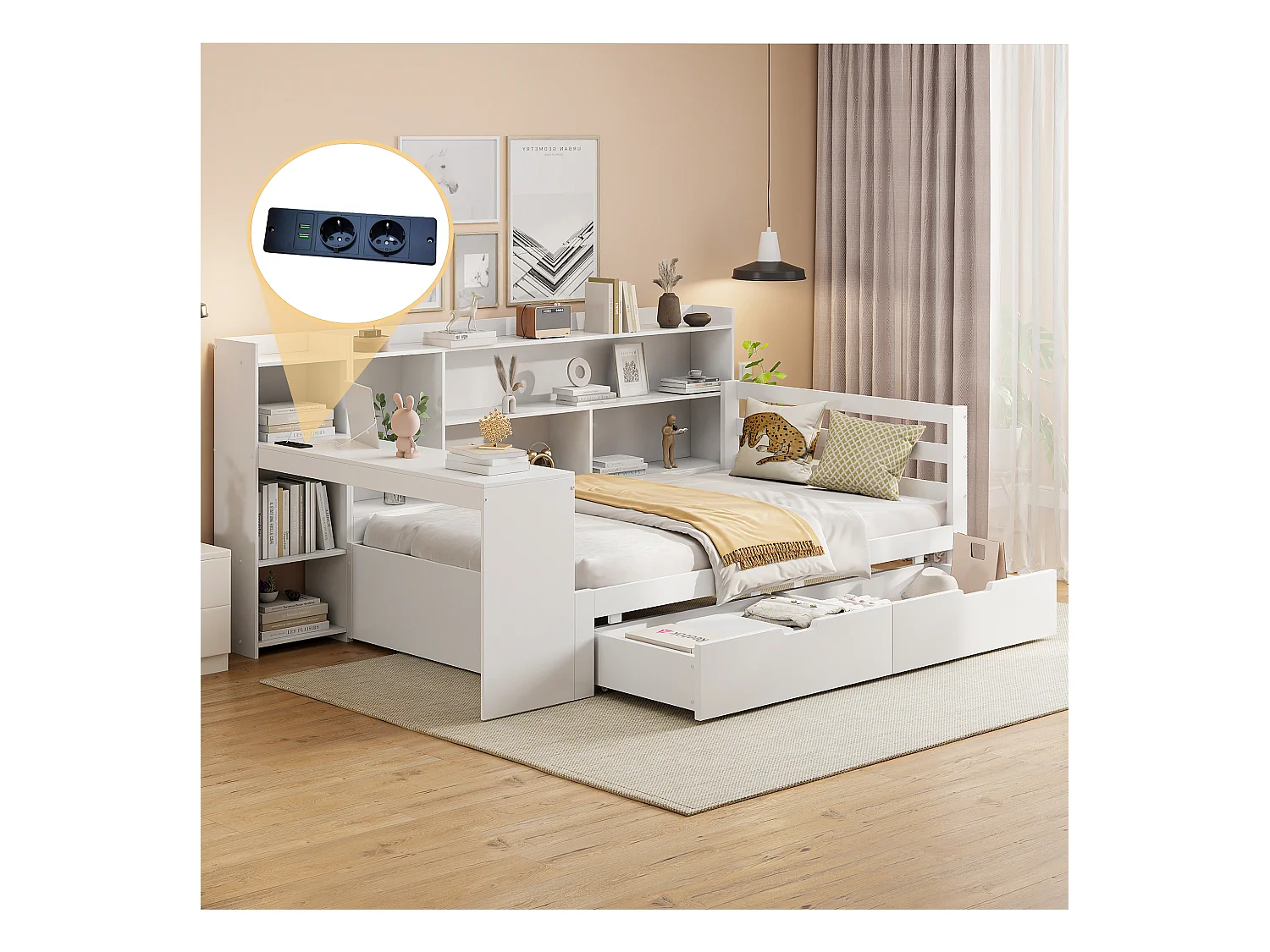 Canapé-lit en bois 90x200 cm avec bureau, étagères et prises USB, multifonction, blanc (245.5x114.5x100 cm)