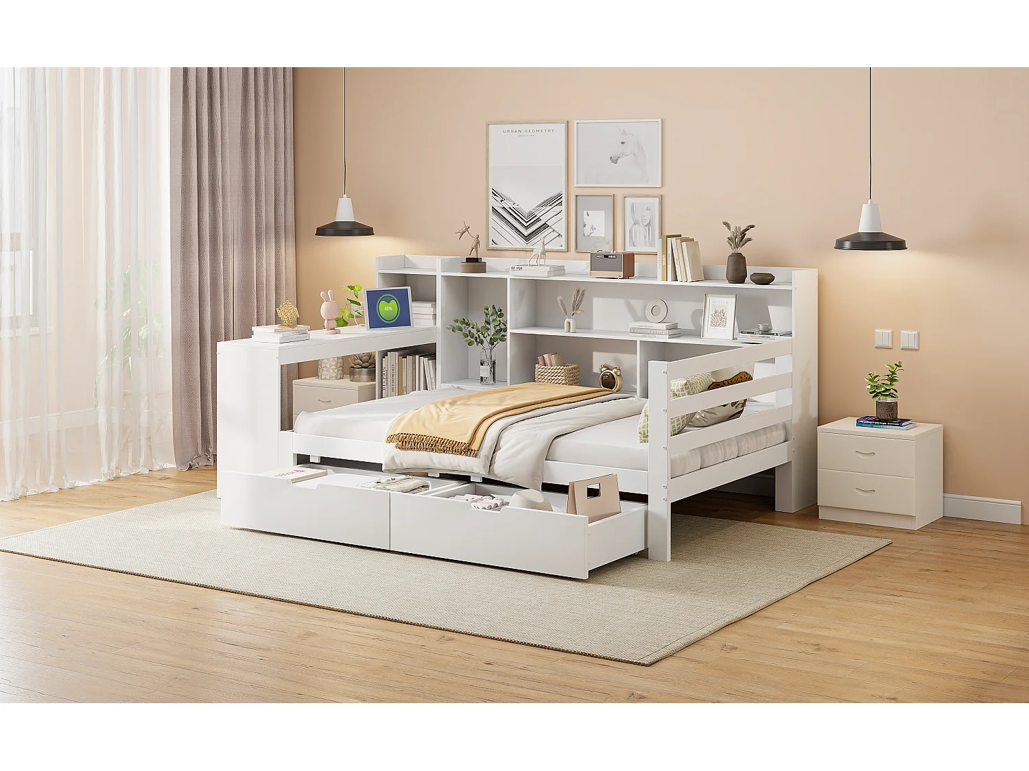 Houten slaapbank 90x200 cm met bureau, planken en USB-poorten, multifunctioneel, wit (245,5x114,5x100 cm)