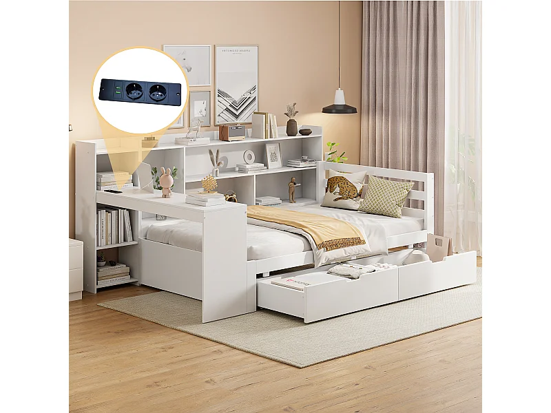 Houten slaapbank 90x200 cm met bureau, planken en USB-poorten, multifunctioneel, wit (245,5x114,5x100 cm)