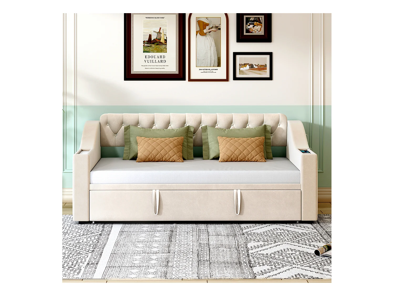 Canapé-lit avec accoudoirs larges, fonction USB et rangement, tissu velours beige (215x98.5x78.5 cm)