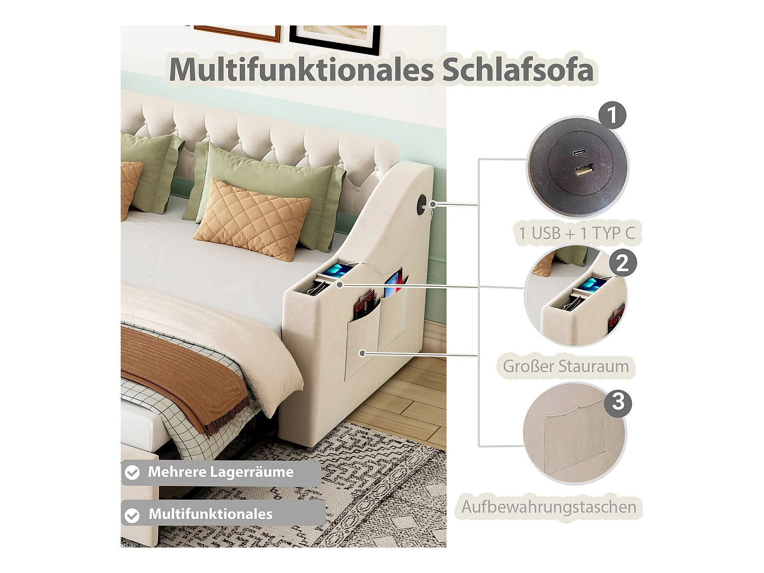 Canapé-lit avec accoudoirs larges, fonction USB et rangement, tissu velours beige (215x98.5x78.5 cm)