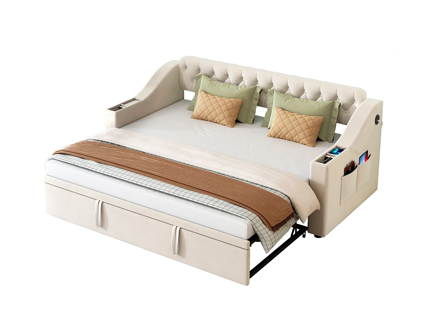 Canapé-lit avec accoudoirs larges, fonction USB et rangement, tissu velours beige (215x98.5x78.5 cm)