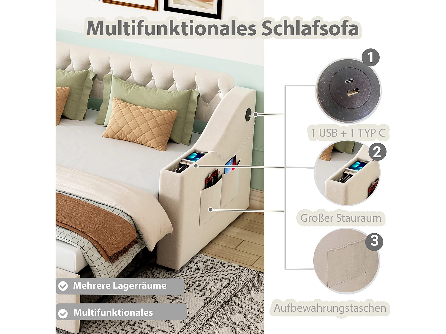 Canapé-lit avec accoudoirs larges, fonction USB et rangement, tissu velours beige (215x98.5x78.5 cm)