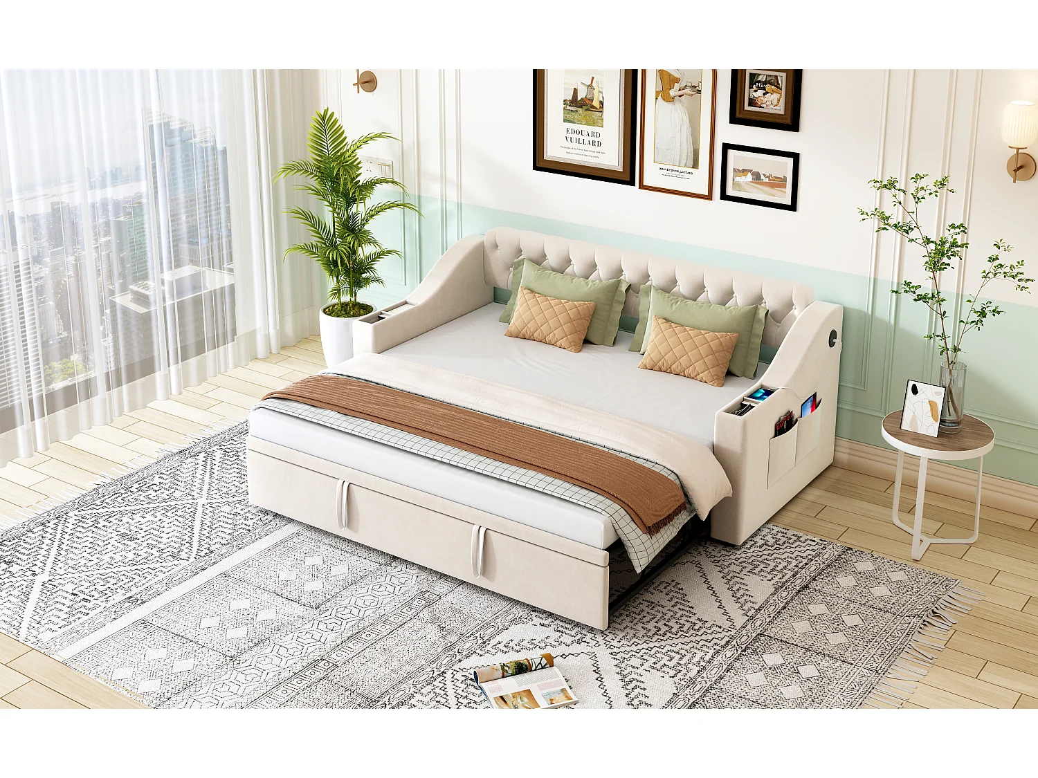 Canapé-lit avec accoudoirs larges, fonction USB et rangement, tissu velours beige (215x98.5x78.5 cm)