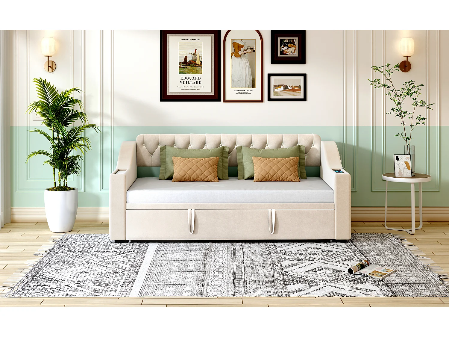 Canapé-lit avec accoudoirs larges, fonction USB et rangement, tissu velours beige (215x98.5x78.5 cm)