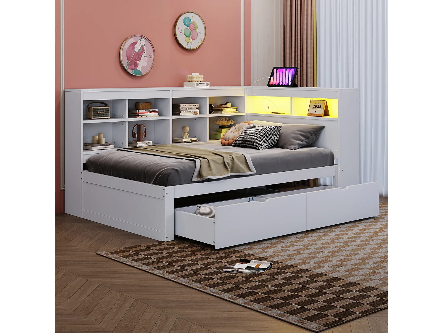 Massief houten slaapbank 90x200 cm, met opbergruimte, USB-aansluiting en LED, planken en opbergvakken, wit (222,3x116x90,5 cm)