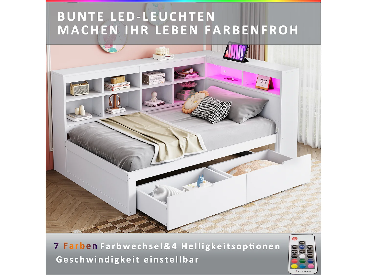 Massief houten slaapbank 90x200 cm, met opbergruimte, USB-aansluiting en LED, planken en opbergvakken, wit (222,3x116x90,5 cm)