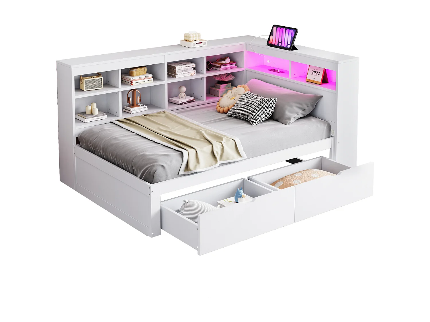 Massief houten slaapbank 90x200 cm, met opbergruimte, USB-aansluiting en LED, planken en opbergvakken, wit (222,3x116x90,5 cm)