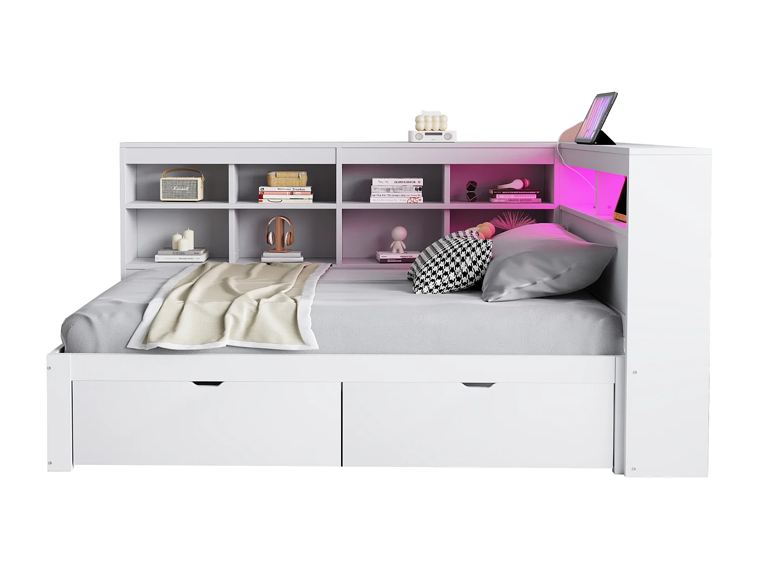 Massief houten slaapbank 90x200 cm, met opbergruimte, USB-aansluiting en LED, planken en opbergvakken, wit (222,3x116x90,5 cm)