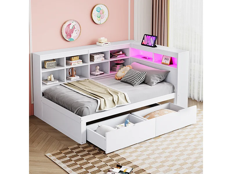 Massief houten slaapbank 90x200 cm, met opbergruimte, USB-aansluiting en LED, planken en opbergvakken, wit (222,3x116x90,5 cm)