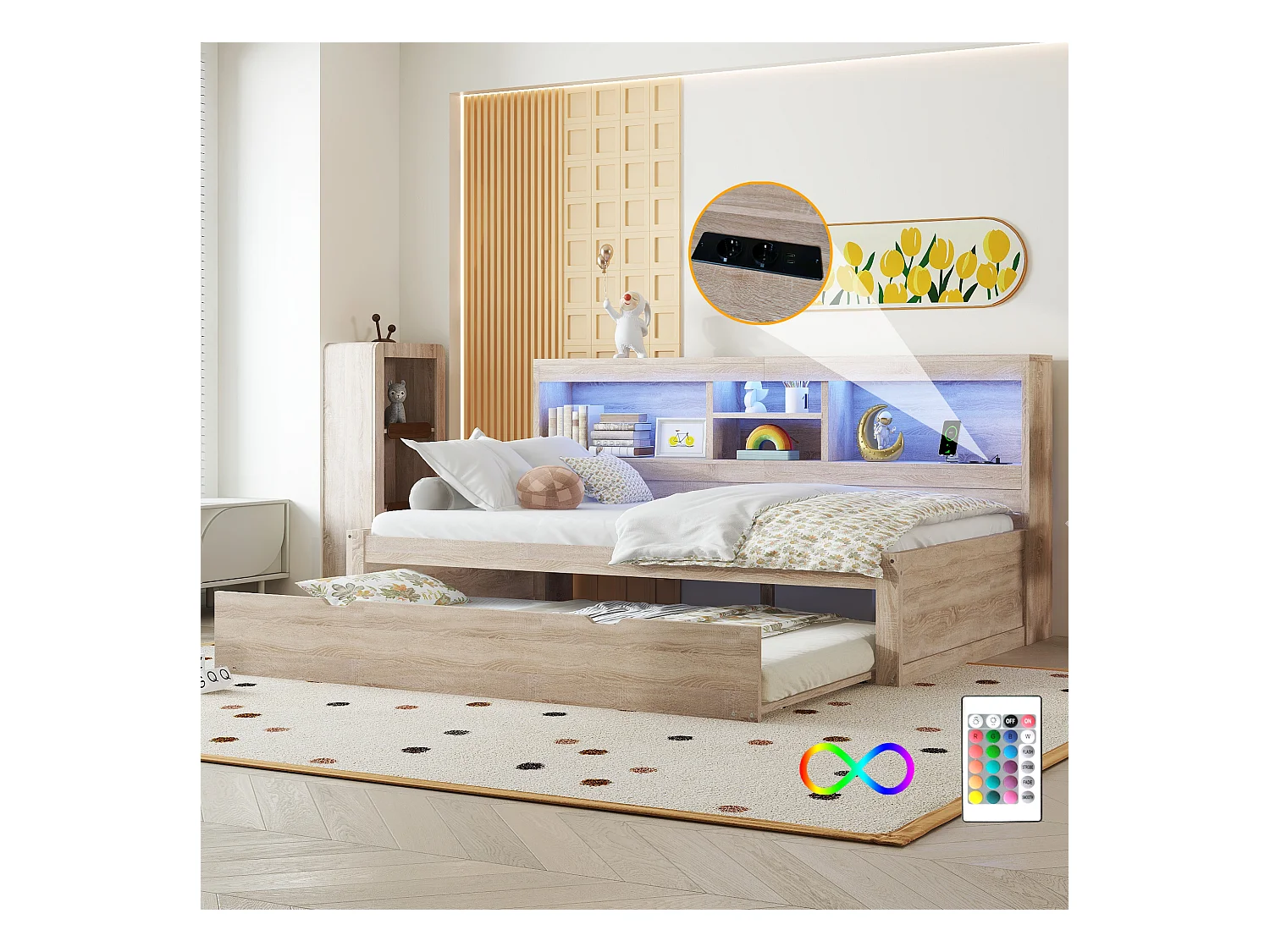 Canapé-lit, daybed, 90x200cm, tête de dossier carrée, lit extensible (jusqu'à 180 Queensize), 2 tiroirs, bois, naturel (219.5x183x74 cm)