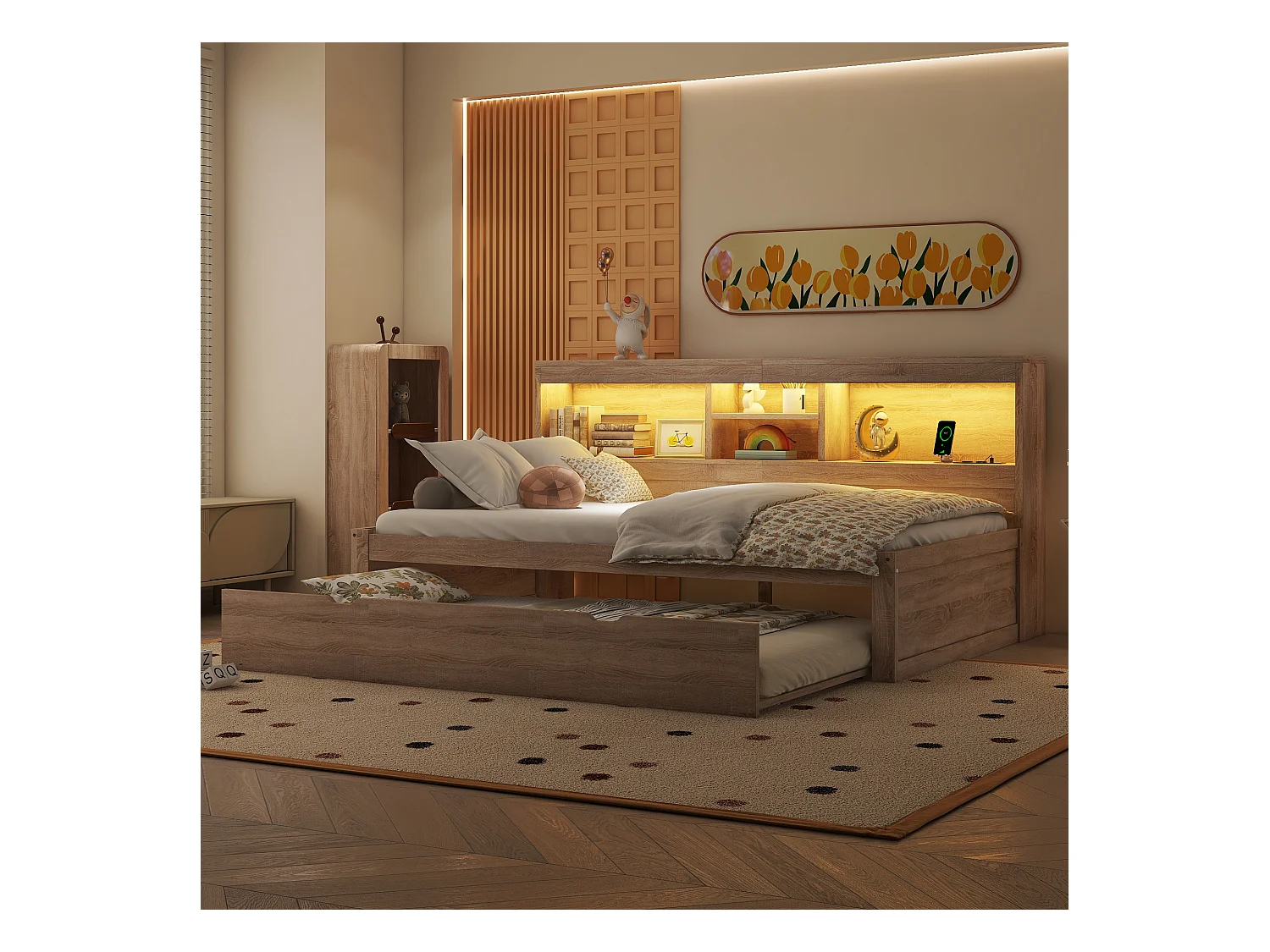 Canapé-lit, daybed, 90x200cm, tête de dossier carrée, lit extensible (jusqu'à 180 Queensize), 2 tiroirs, bois, naturel (219.5x183x74 cm)