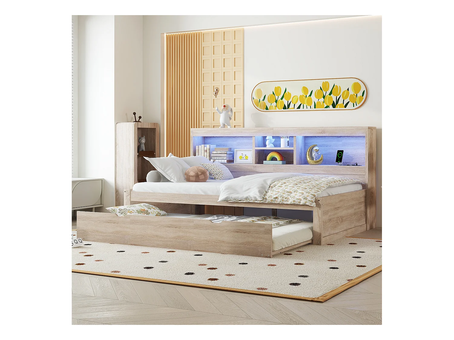 Canapé-lit, daybed, 90x200cm, tête de dossier carrée, lit extensible (jusqu'à 180 Queensize), 2 tiroirs, bois, naturel (219.5x183x74 cm)