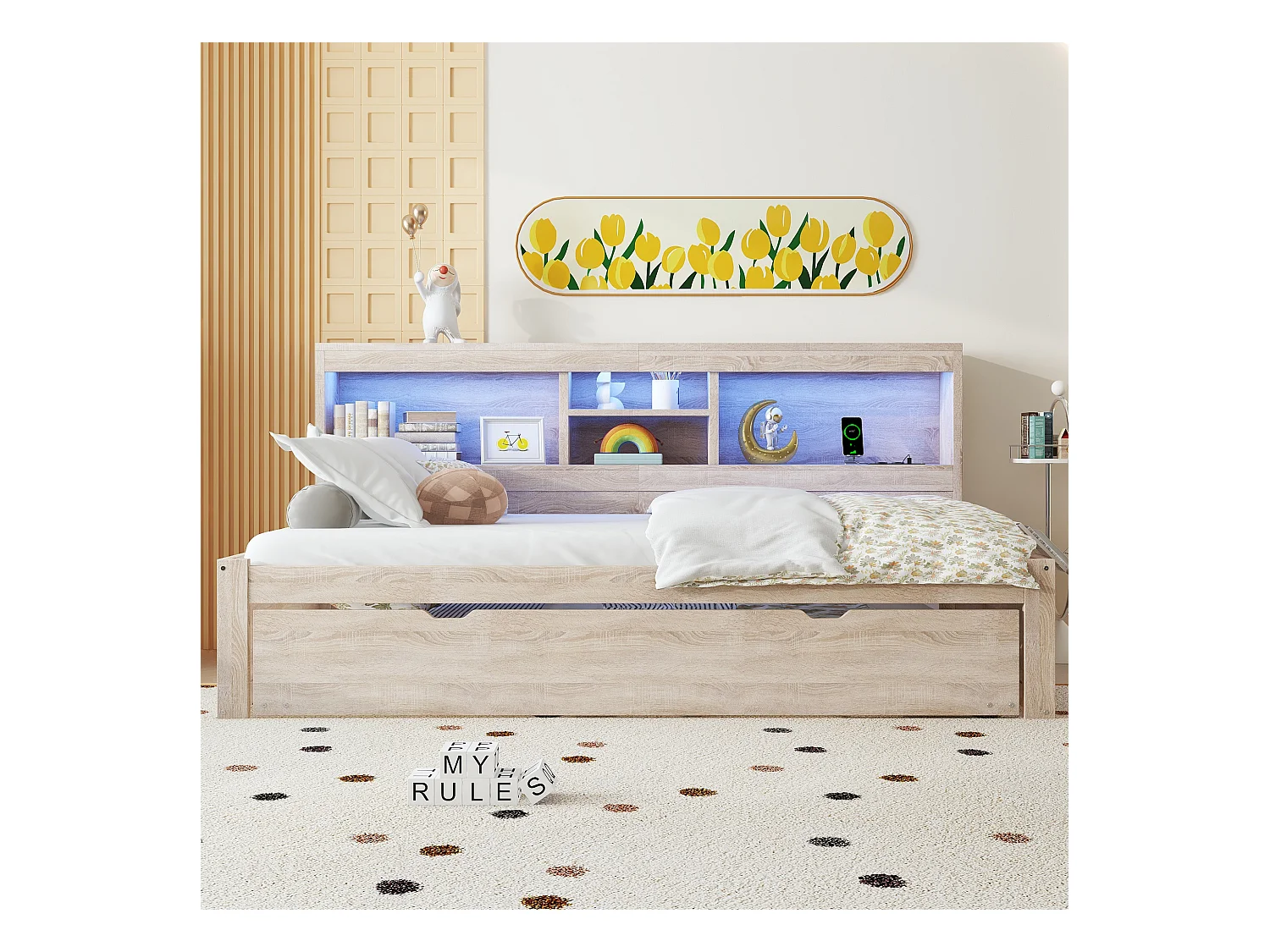 Canapé-lit, daybed, 90x200cm, tête de dossier carrée, lit extensible (jusqu'à 180 Queensize), 2 tiroirs, bois, naturel (219.5x183x74 cm)