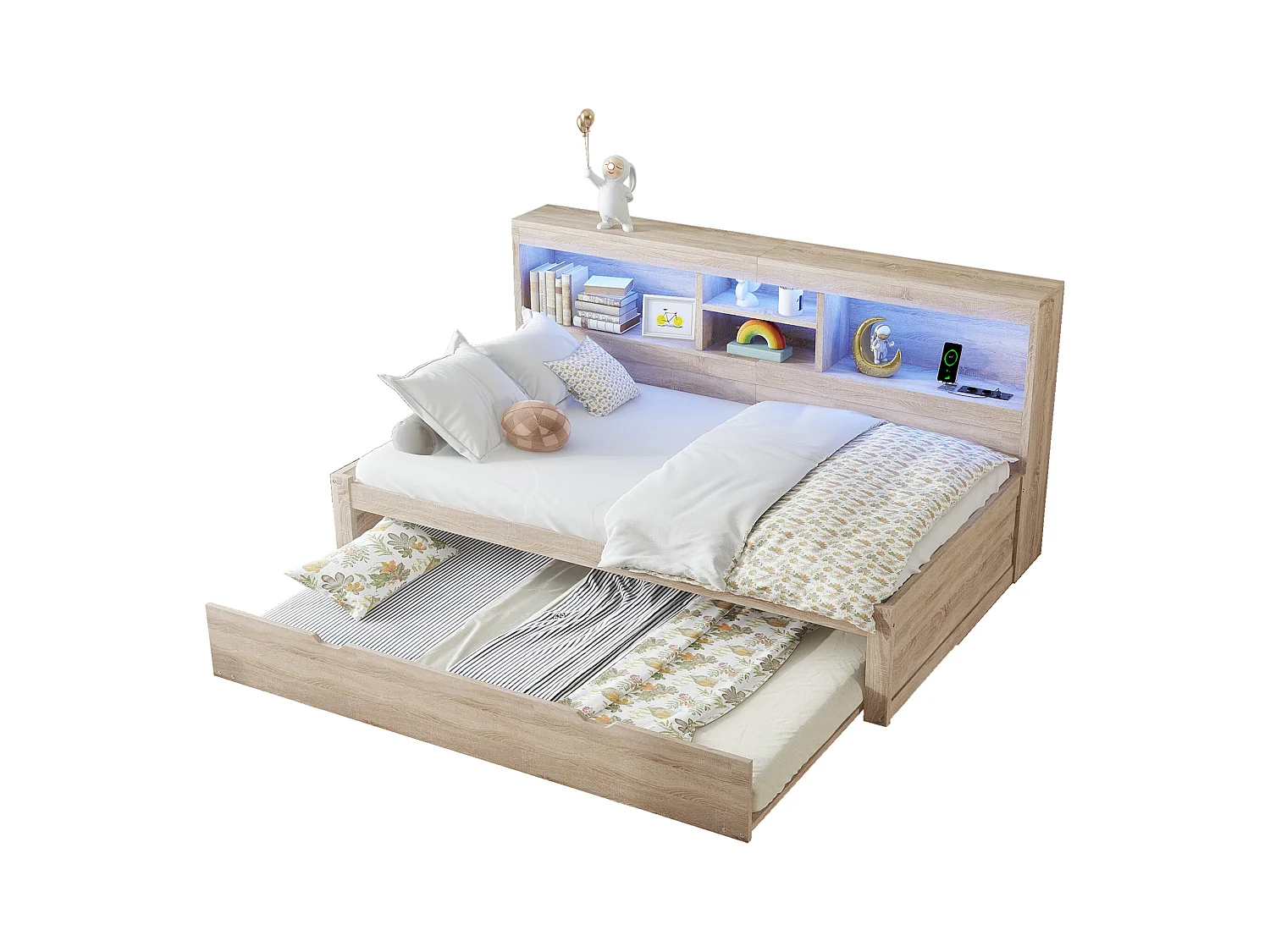 Canapé-lit, daybed, 90x200cm, tête de dossier carrée, lit extensible (jusqu'à 180 Queensize), 2 tiroirs, bois, naturel (219.5x183x74 cm)