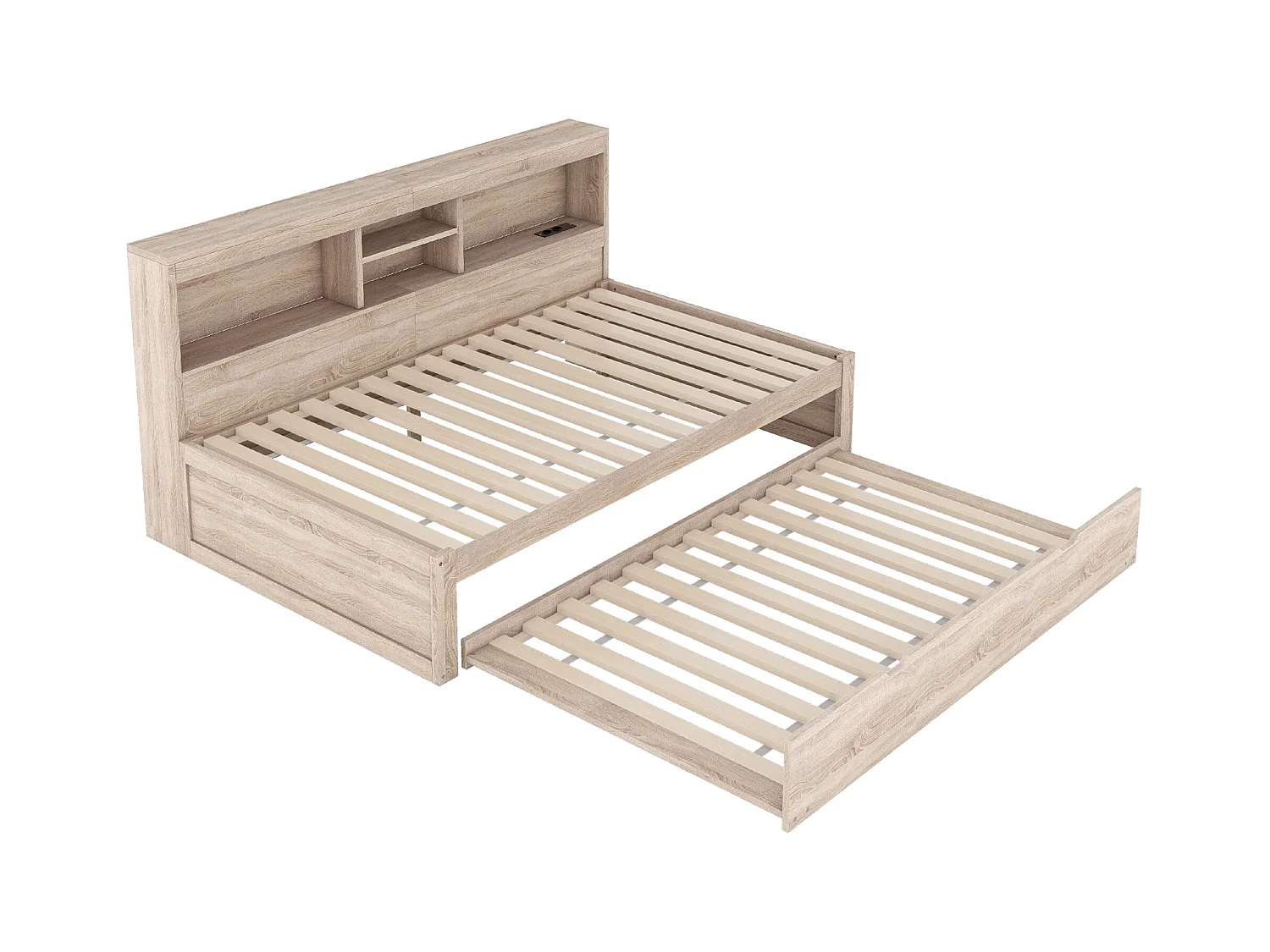 Canapé-lit, daybed, 90x200cm, tête de dossier carrée, lit extensible (jusqu'à 180 Queensize), 2 tiroirs, bois, naturel (219.5x183x74 cm)