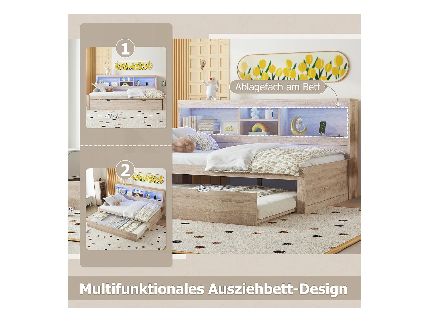 Sofá cama, diván, 90x200cm, cabecero cuadrado, cama extensible (hasta 180 Queensize), 2 cajones, madera, natural (219,5x183x74 cm)