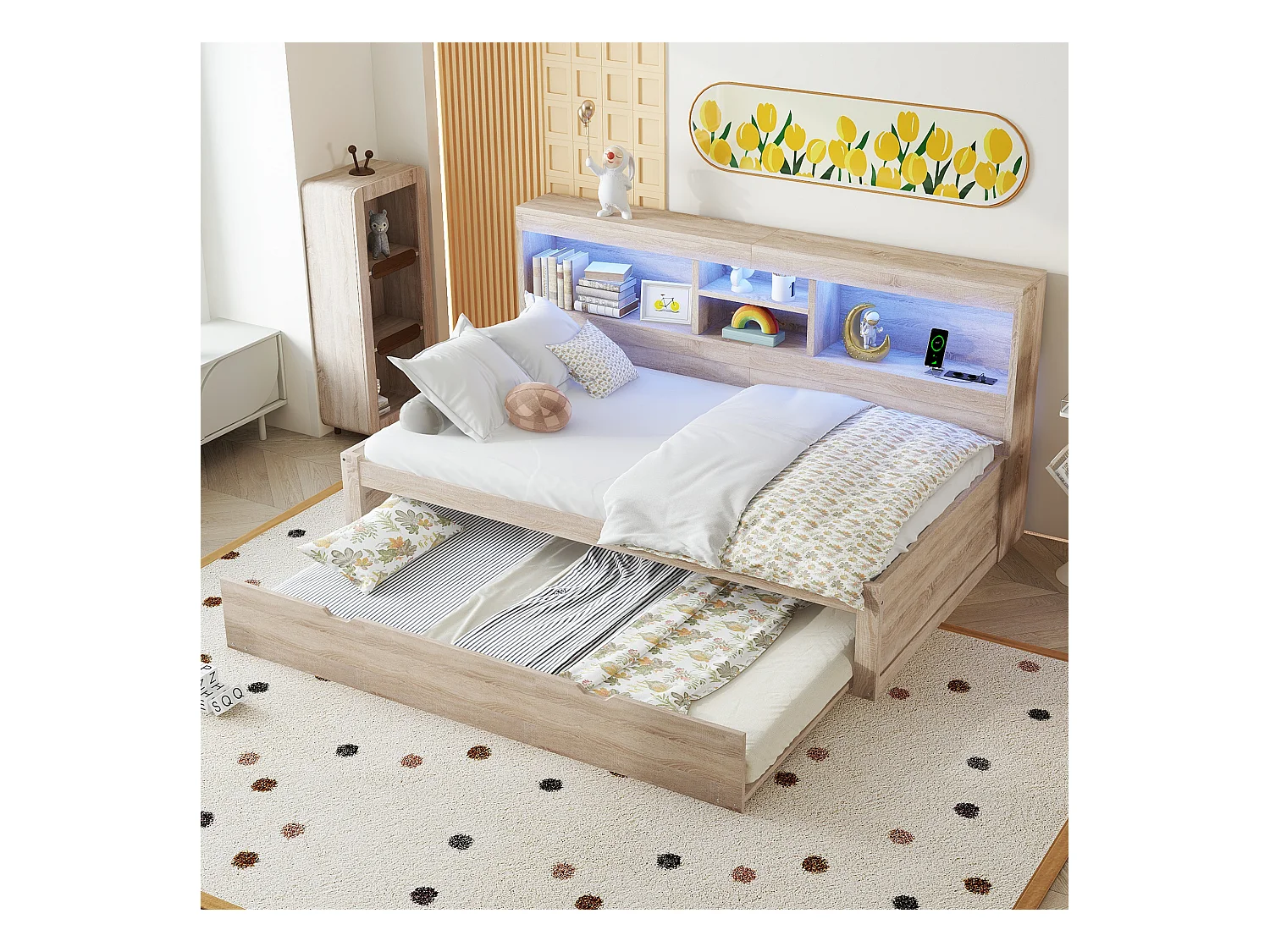 Sofá cama, diván, 90x200cm, cabecero cuadrado, cama extensible (hasta 180 Queensize), 2 cajones, madera, natural (219,5x183x74 cm)