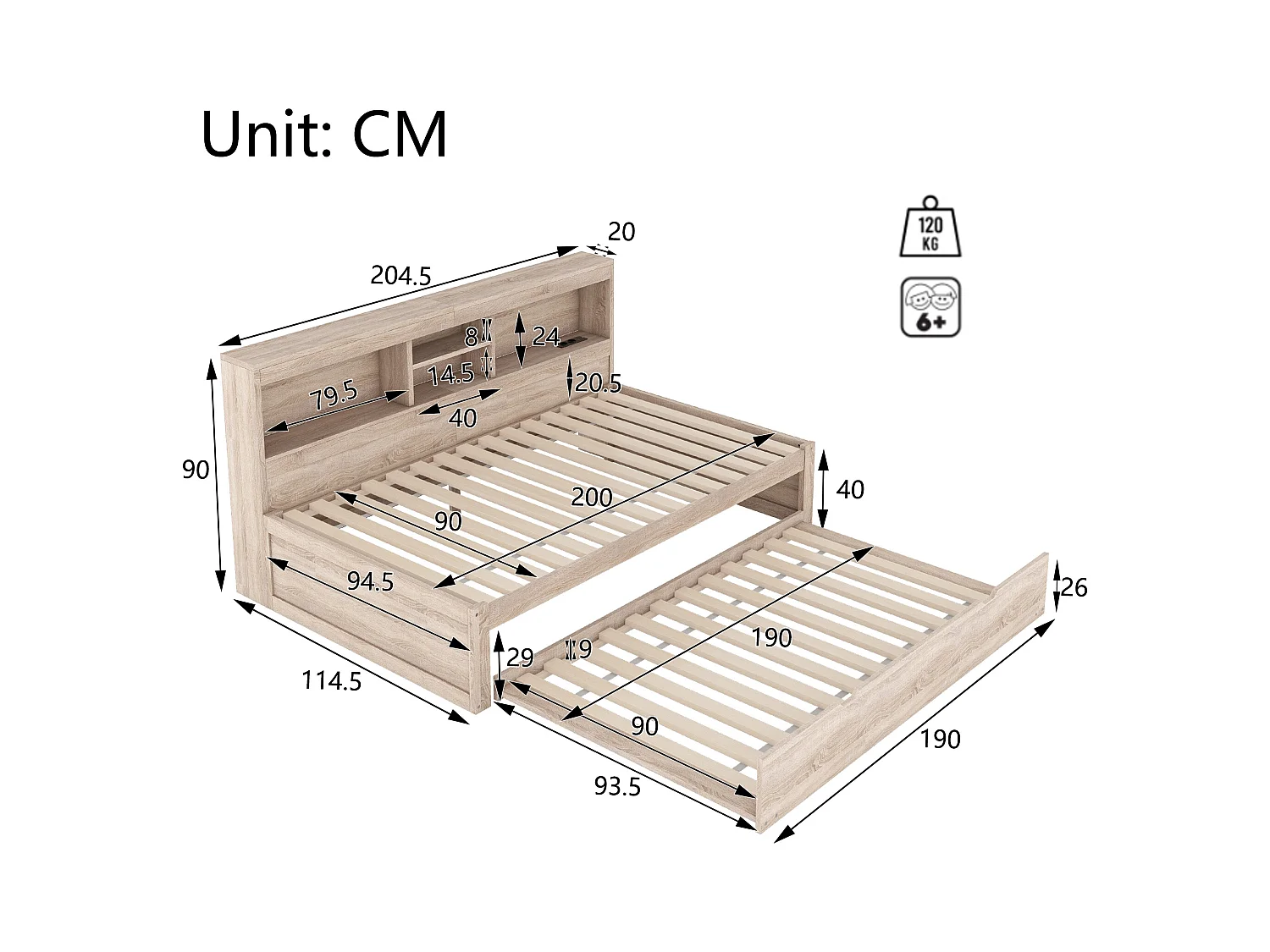 Sofá cama, diván, 90x200cm, cabecero cuadrado, cama extensible (hasta 180 Queensize), 2 cajones, madera, natural (219,5x183x74 cm)