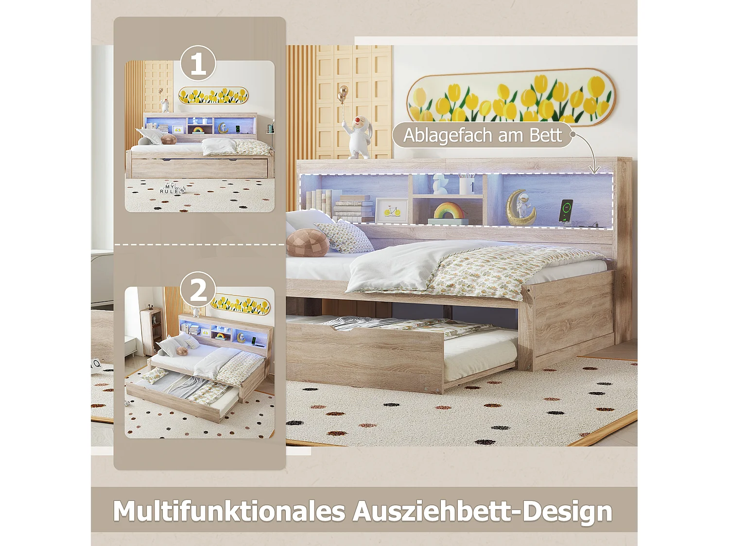 Slaapbank, slaapbank, 90x200cm, vierkant hoofdeinde, uitschuifbaar bed (tot 180 Queensize), 2 lades, hout, naturel (219,5x183x74 cm)