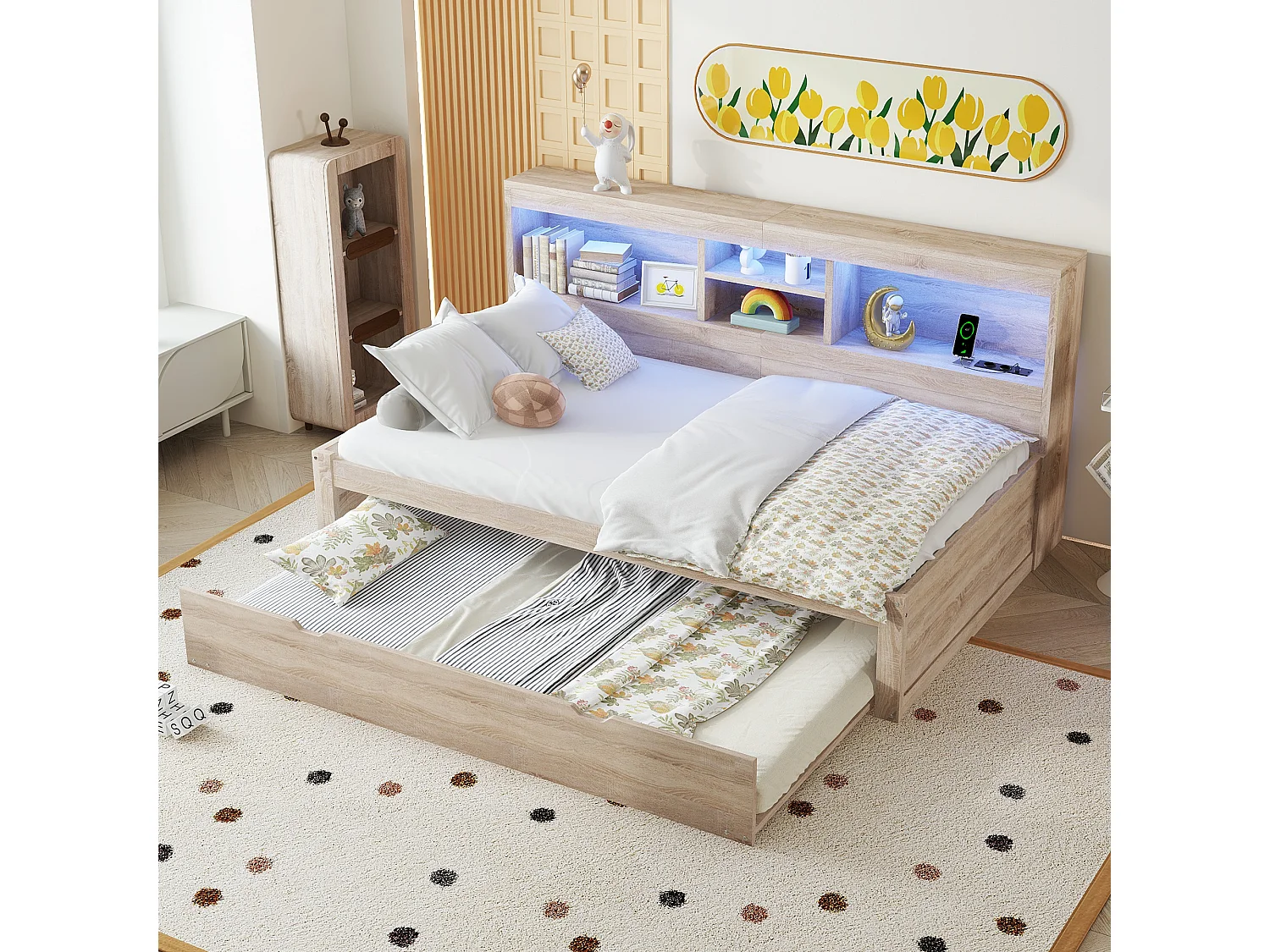 Slaapbank, slaapbank, 90x200cm, vierkant hoofdeinde, uitschuifbaar bed (tot 180 Queensize), 2 lades, hout, naturel (219,5x183x74 cm)