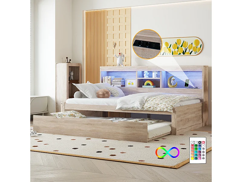 Canapé-lit, daybed, 90x200cm, tête de dossier carrée, lit extensible (jusqu'à 180 Queensize), 2 tiroirs, bois, naturel (219.5x183x74 cm)