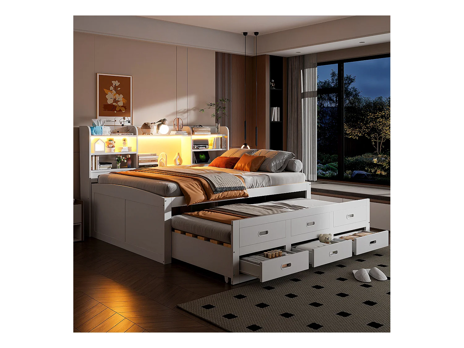 Slaapbank, slaapbank, met LED-afstandsbediening, 3 lades, nachtkastje, multifunctioneel uitschuifbed, wit (210x260x115 cm)