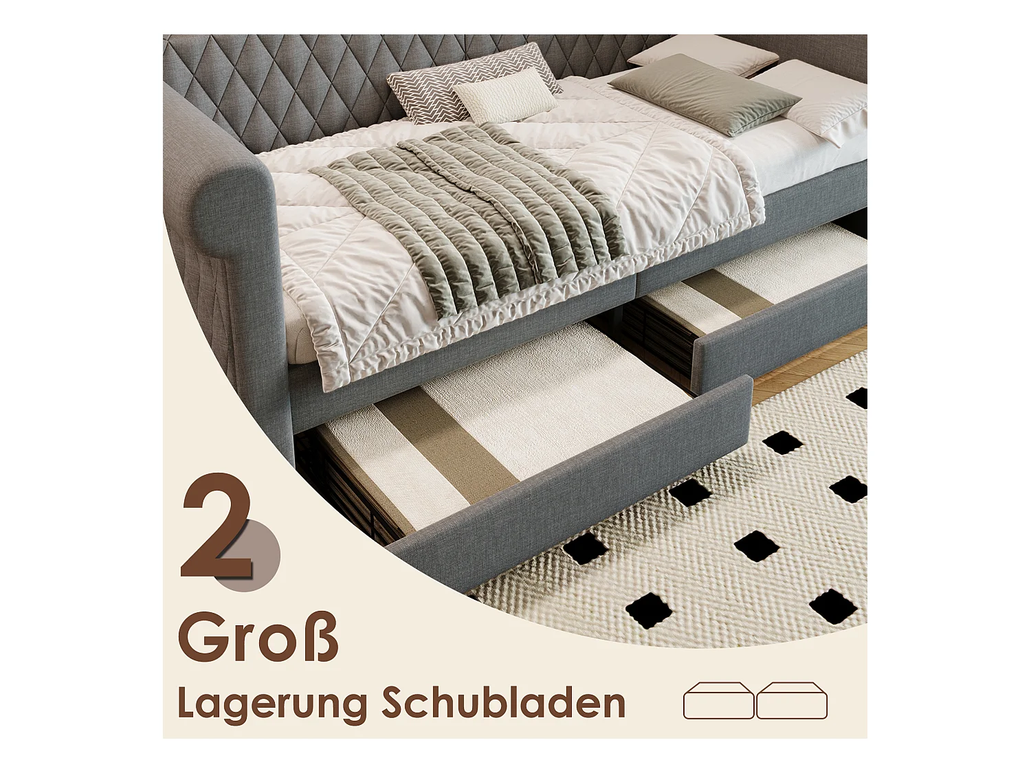 Sofabett 90x200 cm avec tête de lit vintage, 2 tiroirs de rangement, cadre en lin gris, sommier en bois (222x99x72 cm)