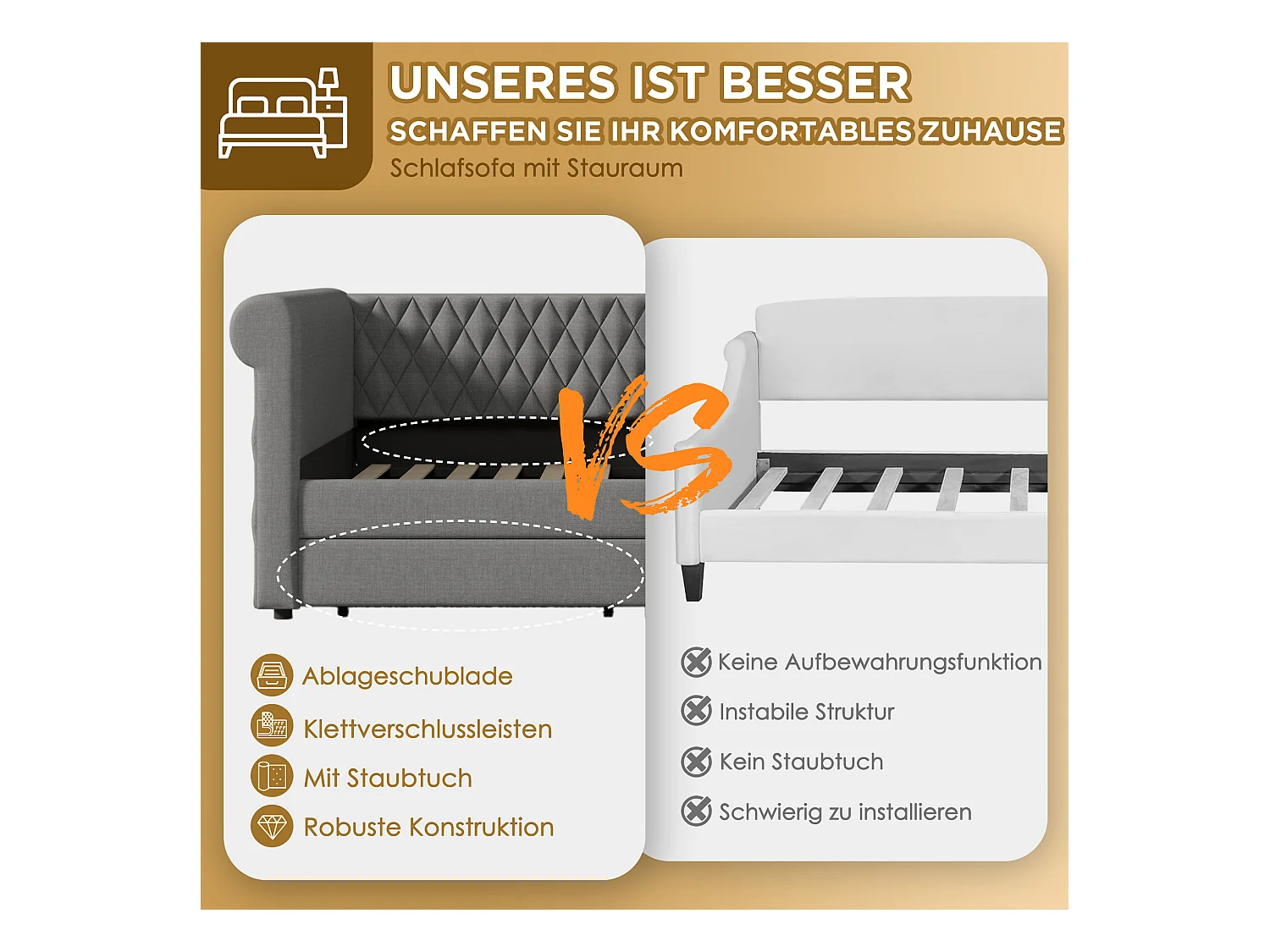 Sofabett 90x200 cm avec tête de lit vintage, 2 tiroirs de rangement, cadre en lin gris, sommier en bois (222x99x72 cm)