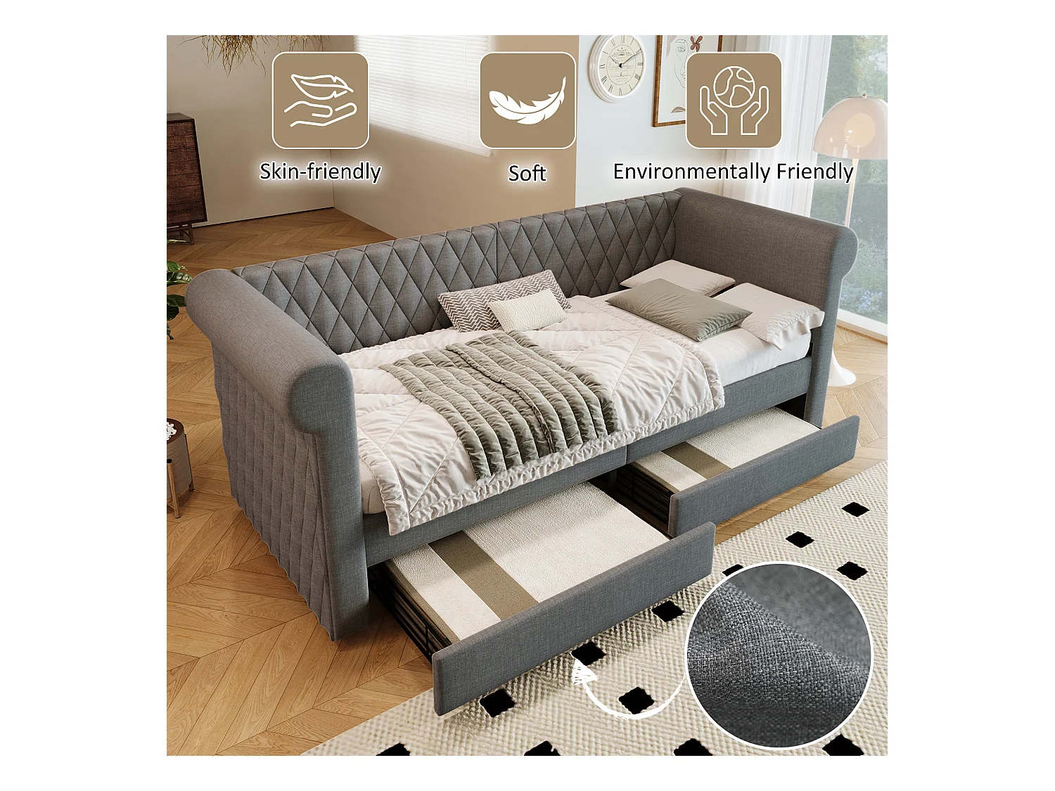 Sofabett 90x200 cm avec tête de lit vintage, 2 tiroirs de rangement, cadre en lin gris, sommier en bois (222x99x72 cm)