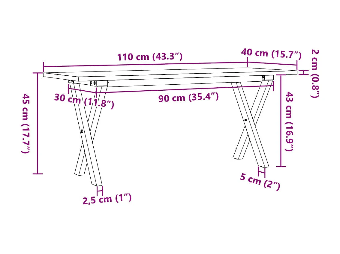 Mesa de centro con estructura en X 110x40x45 cm madera maciza de pino y acero