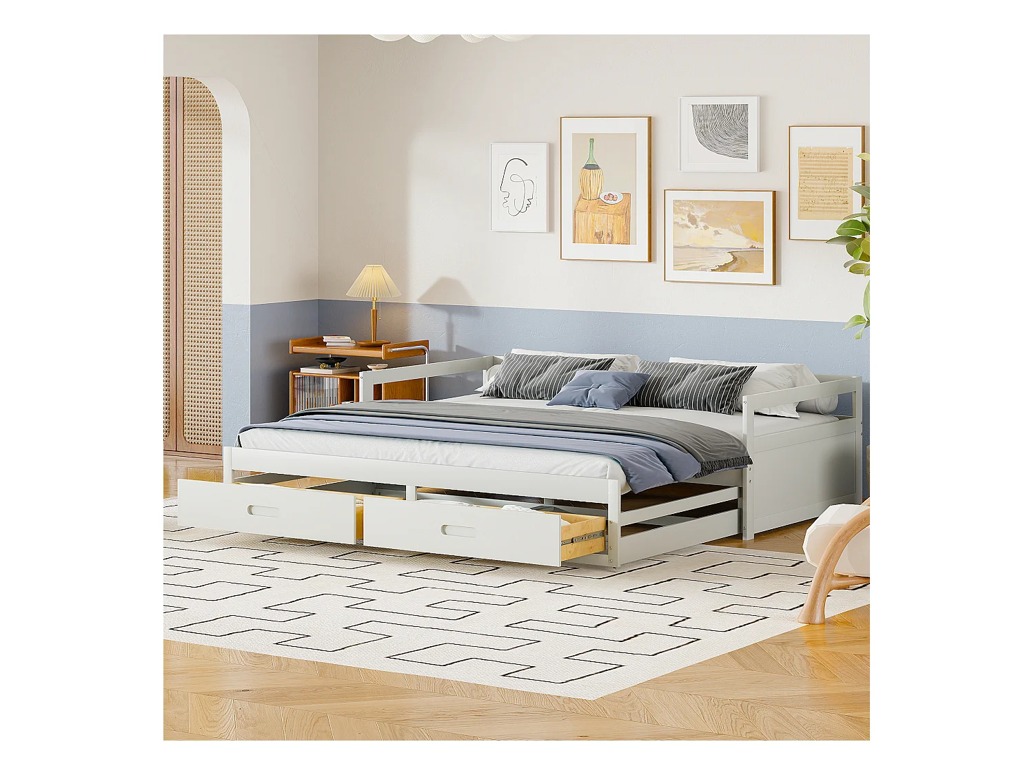 Canapé-lit extensible 90/180x200 cm avec tiroirs et sommier à lattes, cadre en pin, blanc (204.5x184x60 cm)