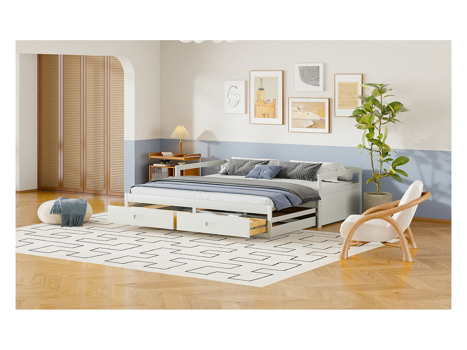 Canapé-lit extensible 90/180x200 cm avec tiroirs et sommier à lattes, cadre en pin, blanc (204.5x184x60 cm)