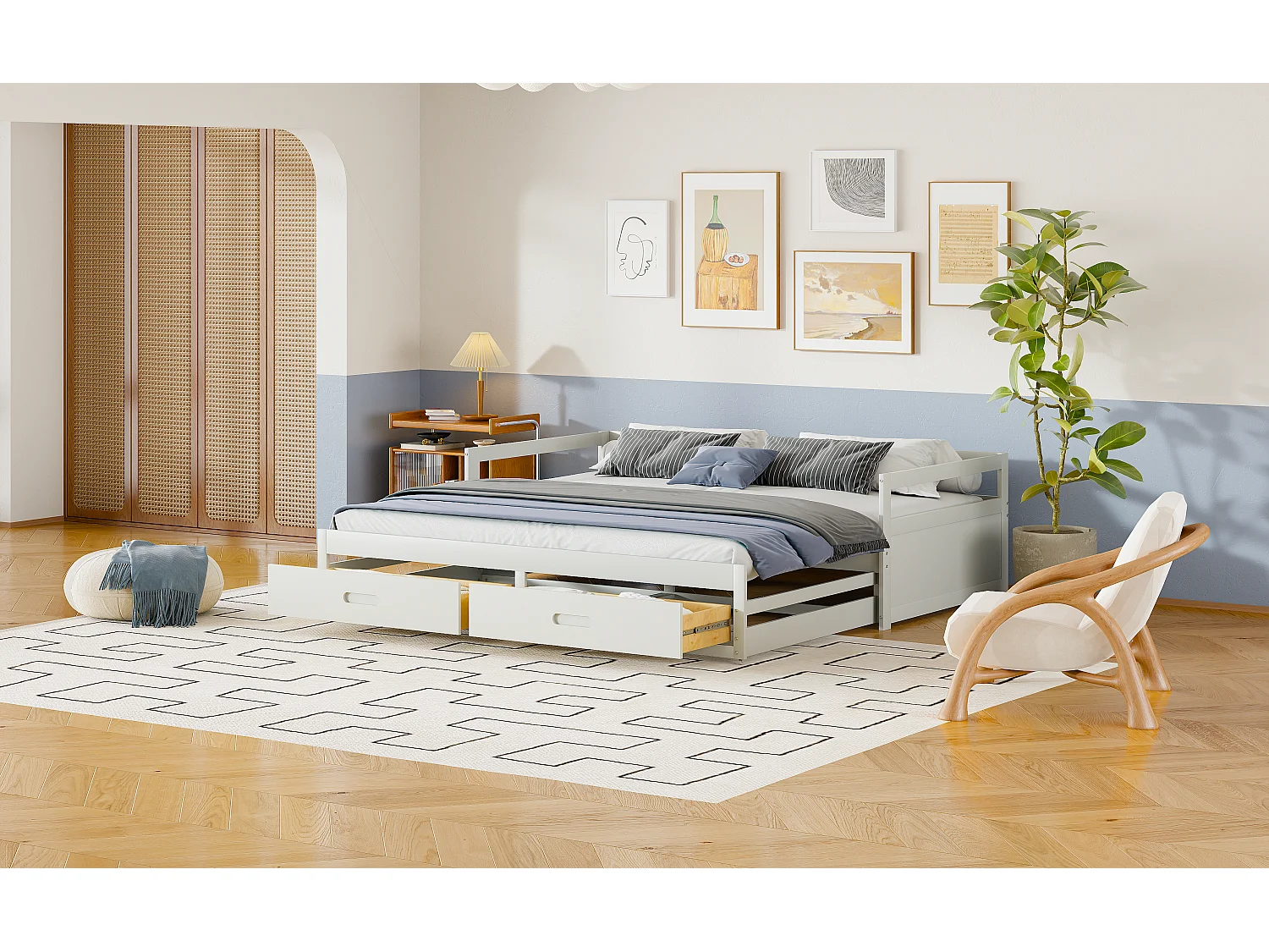 Canapé-lit extensible 90/180x200 cm avec tiroirs et sommier à lattes, cadre en pin, blanc (204.5x184x60 cm)