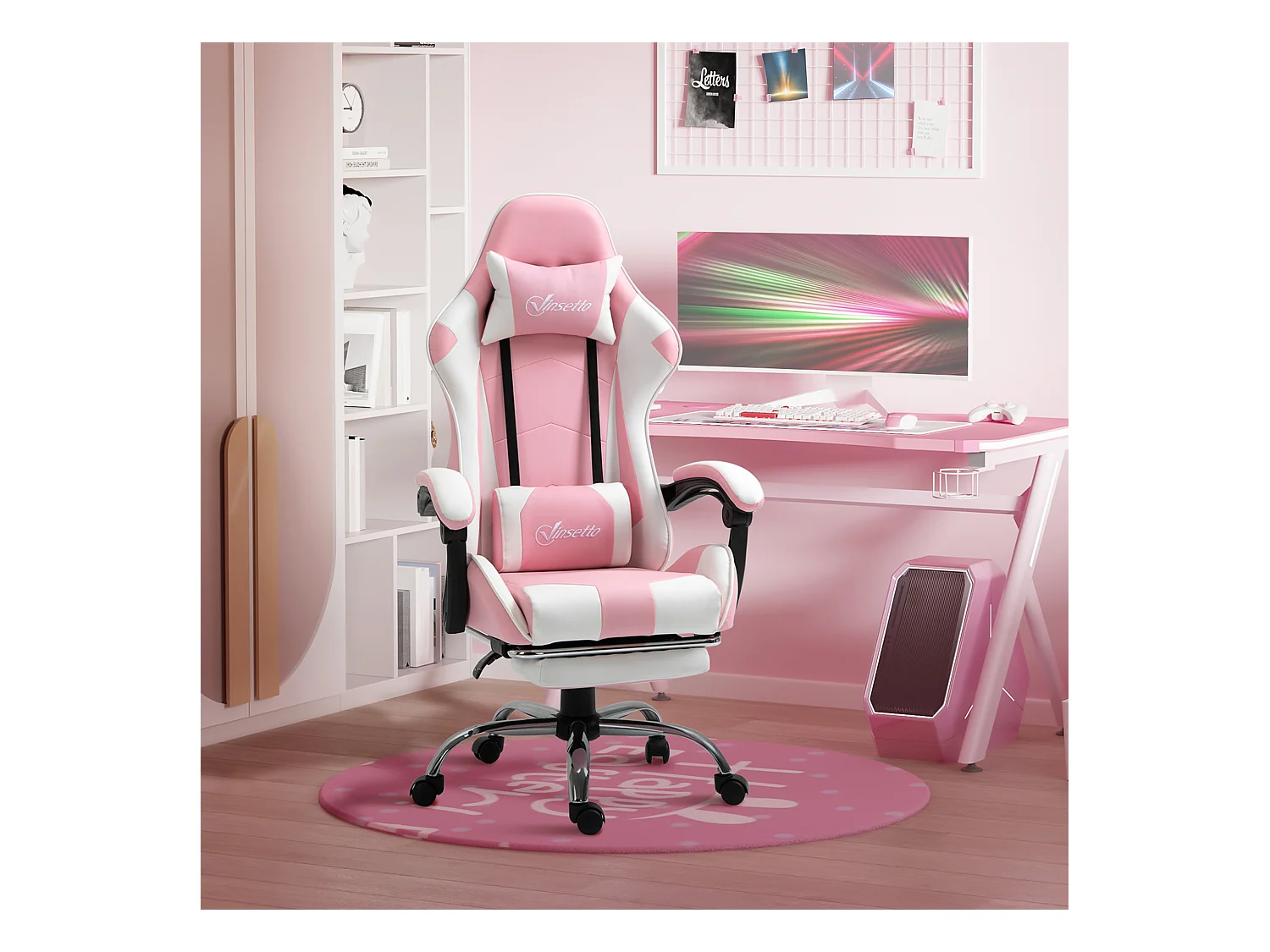 Chaise de bureau ergonomique avec appui-tête, lendenkissen et hauteur réglable, design gaming, en simili cuir, rose et blanc (64x67x119-127 cm)