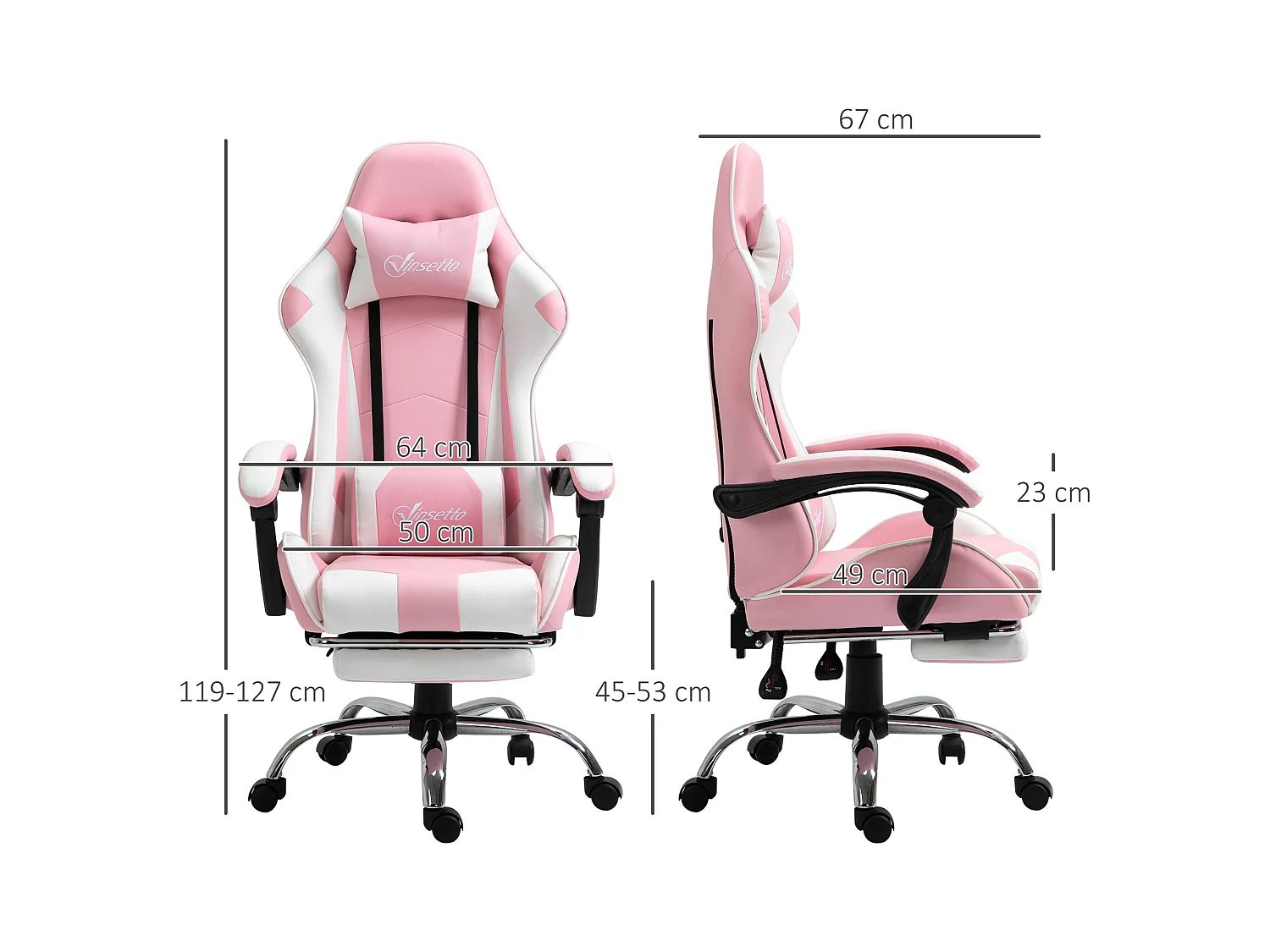 Chaise de bureau ergonomique avec appui-tête, lendenkissen et hauteur réglable, design gaming, en simili cuir, rose et blanc (64x67x119-127 cm)