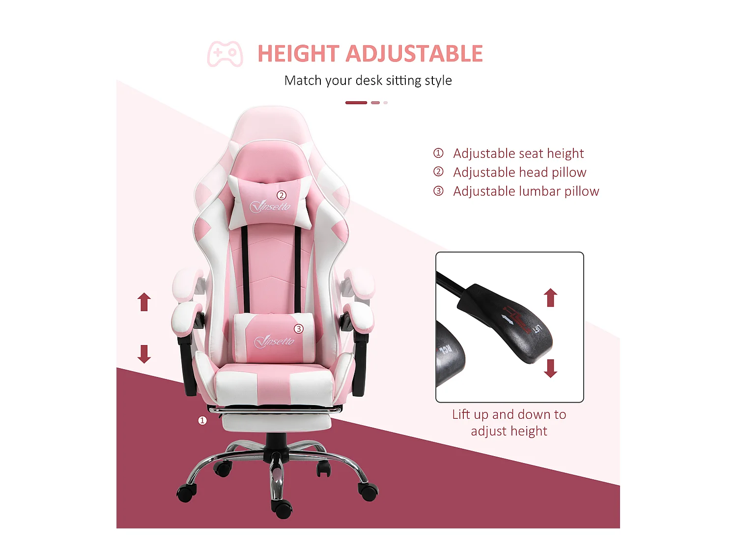 Chaise de bureau ergonomique avec appui-tête, lendenkissen et hauteur réglable, design gaming, en simili cuir, rose et blanc (64x67x119-127 cm)