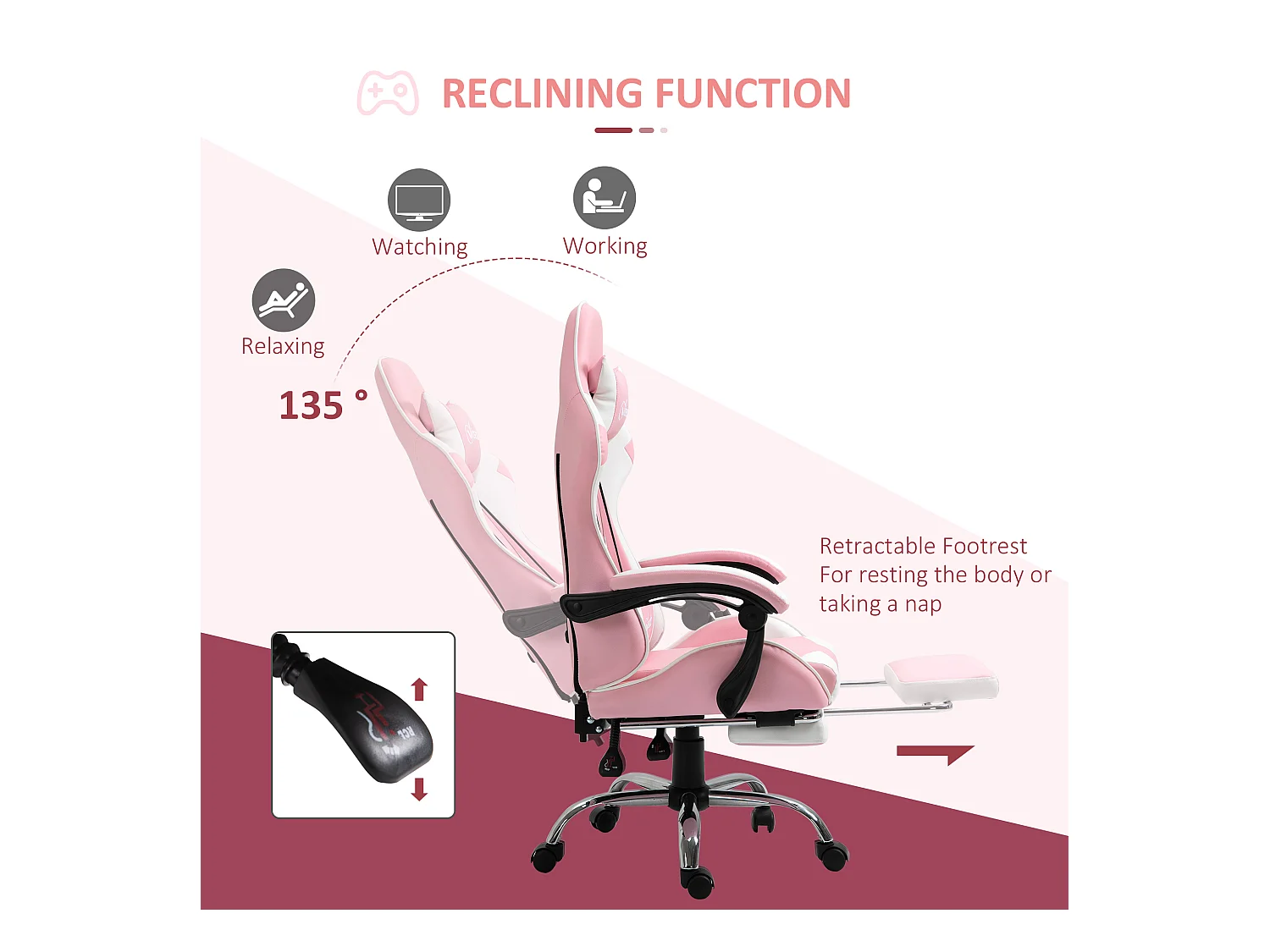 Chaise de bureau ergonomique avec appui-tête, lendenkissen et hauteur réglable, design gaming, en simili cuir, rose et blanc (64x67x119-127 cm)