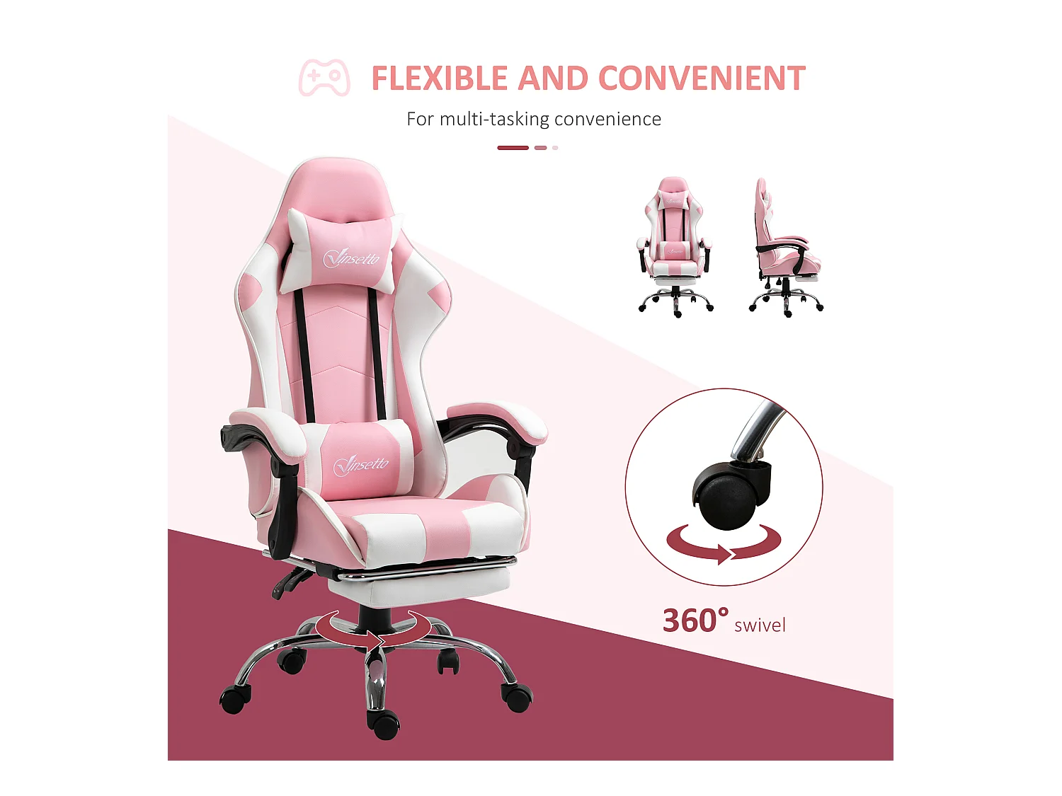 Chaise de bureau ergonomique avec appui-tête, lendenkissen et hauteur réglable, design gaming, en simili cuir, rose et blanc (64x67x119-127 cm)