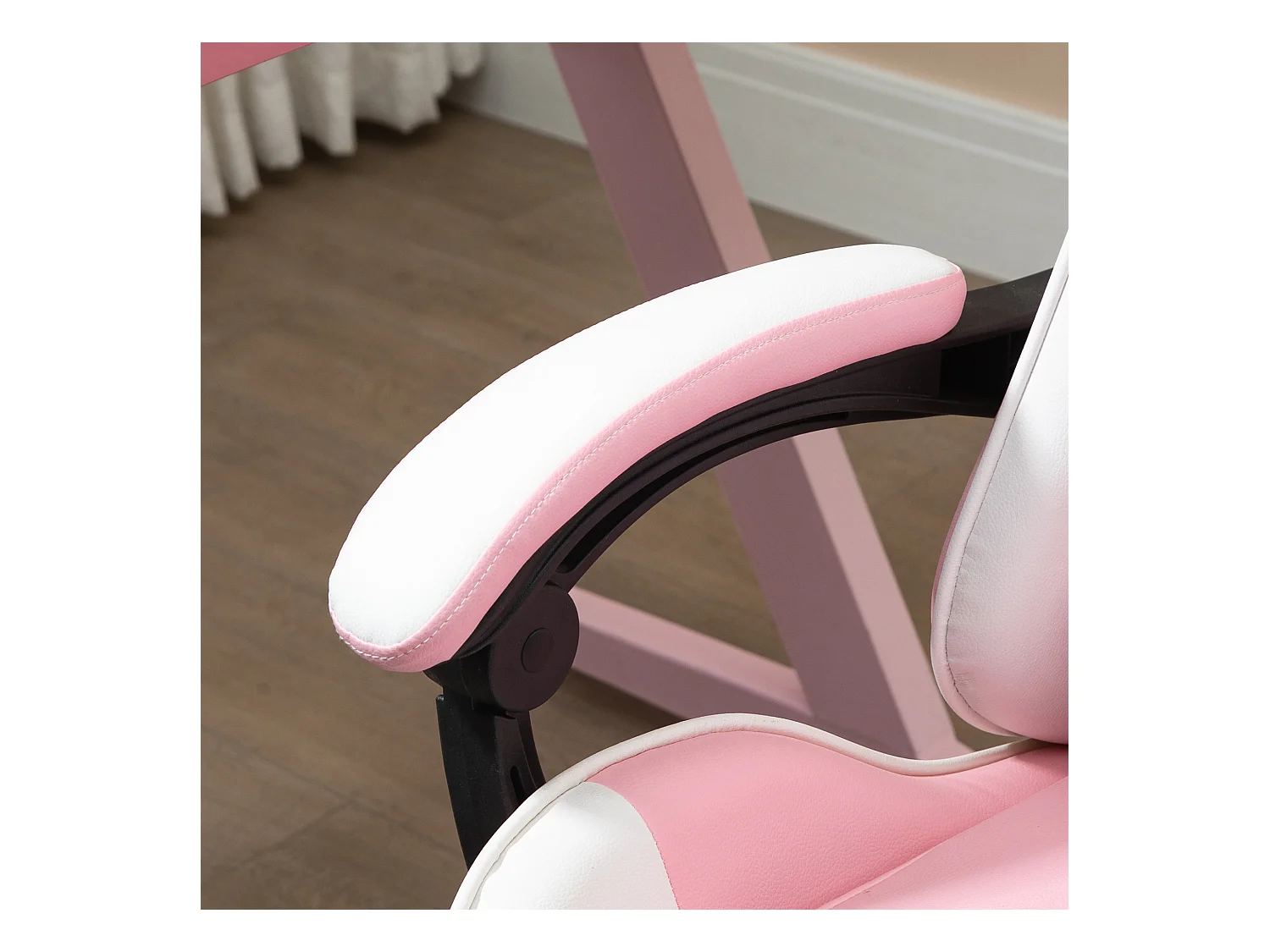 Chaise de bureau ergonomique avec appui-tête, lendenkissen et hauteur réglable, design gaming, en simili cuir, rose et blanc (64x67x119-127 cm)
