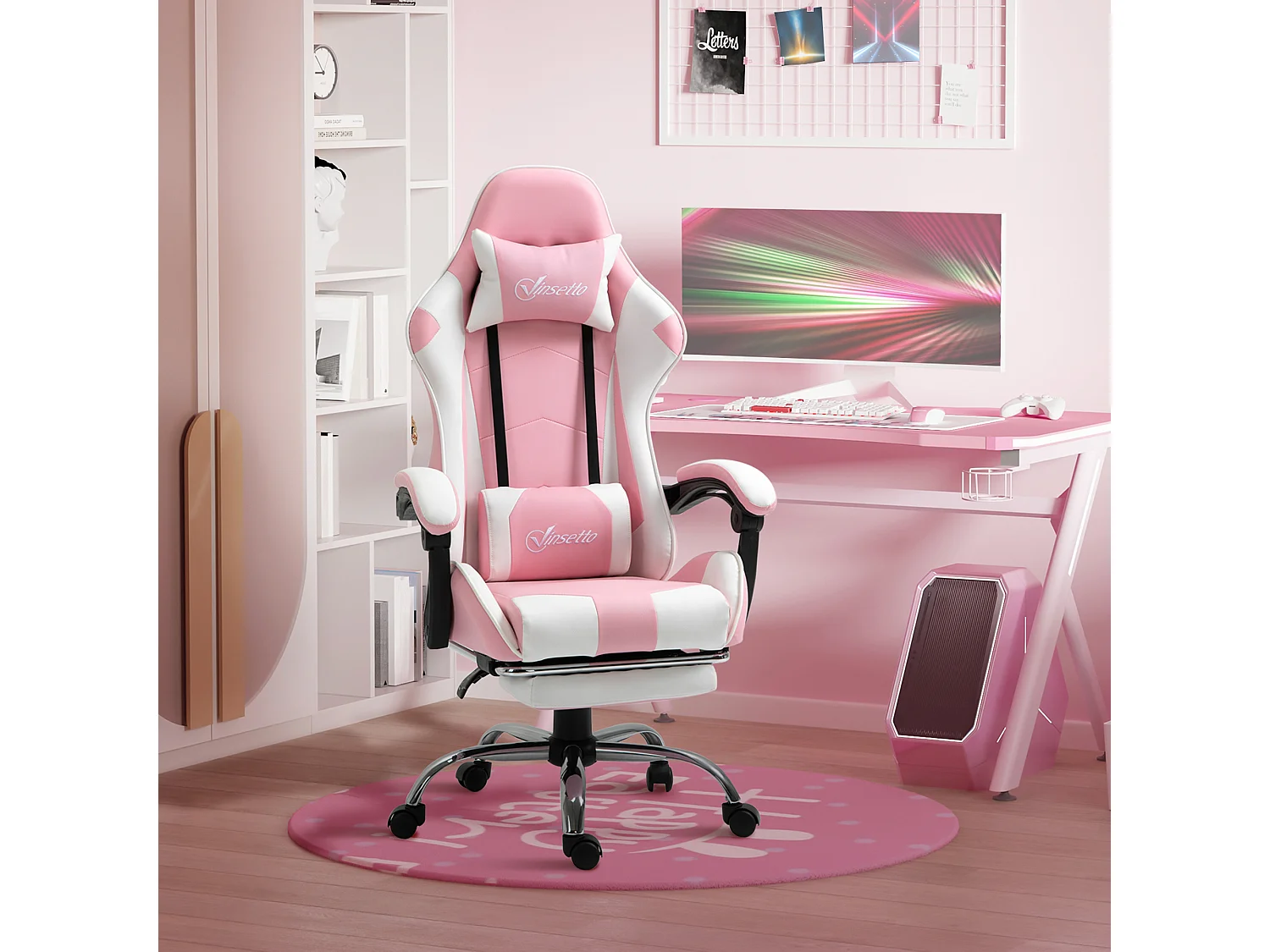 Sedia da ufficio ergonomica con poggiatesta, cuscino e altezza regolabile, design gaming, in similpelle, rosa e bianco (64x67x119-127 cm)