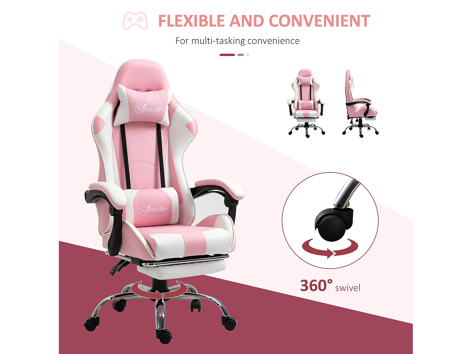 Sedia da ufficio ergonomica con poggiatesta, cuscino e altezza regolabile, design gaming, in similpelle, rosa e bianco (64x67x119-127 cm)