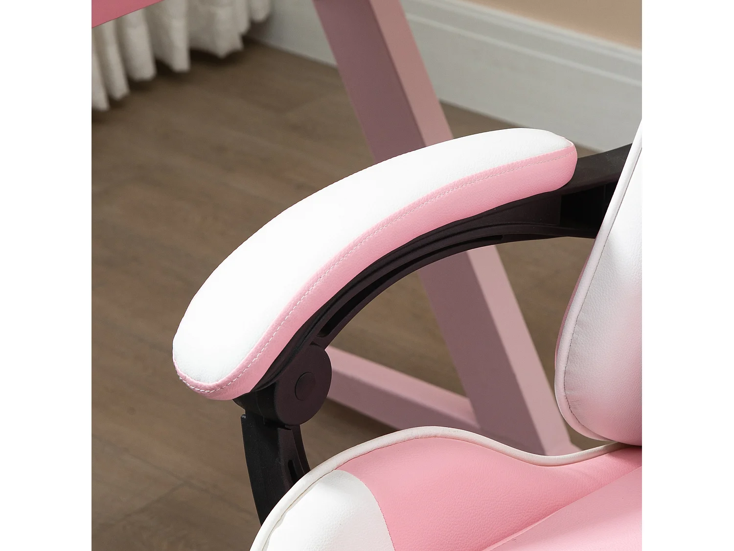 Sedia da ufficio ergonomica con poggiatesta, cuscino e altezza regolabile, design gaming, in similpelle, rosa e bianco (64x67x119-127 cm)