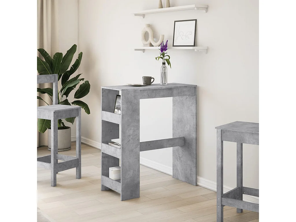 Mesa de bar de madera de ingeniería de color gris hormigón con estantes