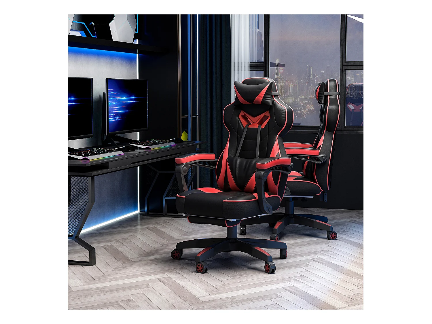 Chaise de bureau gaming avec fonction massage, cuir synthétique, noir et bleu (65x70x118.5-128.5 cm)