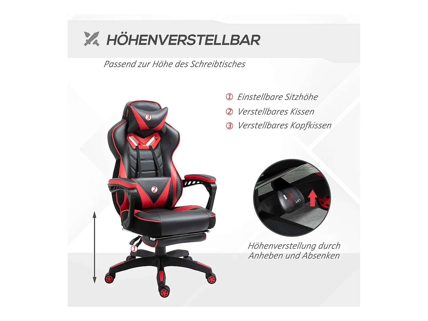 Chaise de bureau gaming avec fonction massage, cuir synthétique, noir et bleu (65x70x118.5-128.5 cm)