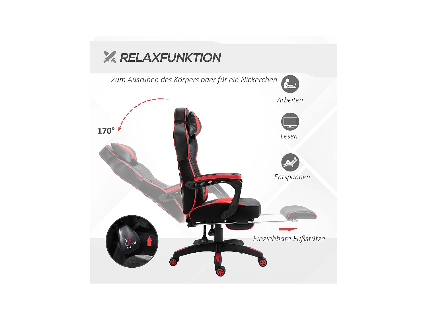 Chaise de bureau gaming avec fonction massage, cuir synthétique, noir et bleu (65x70x118.5-128.5 cm)