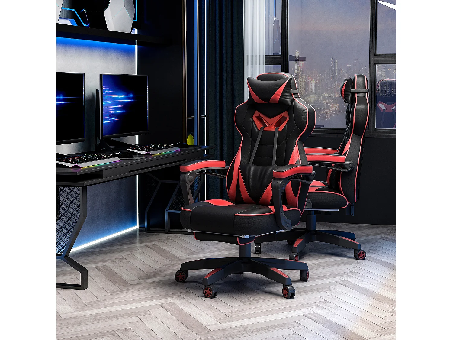 Chaise de bureau gaming avec fonction massage, cuir synthétique, noir et bleu (65x70x118.5-128.5 cm)