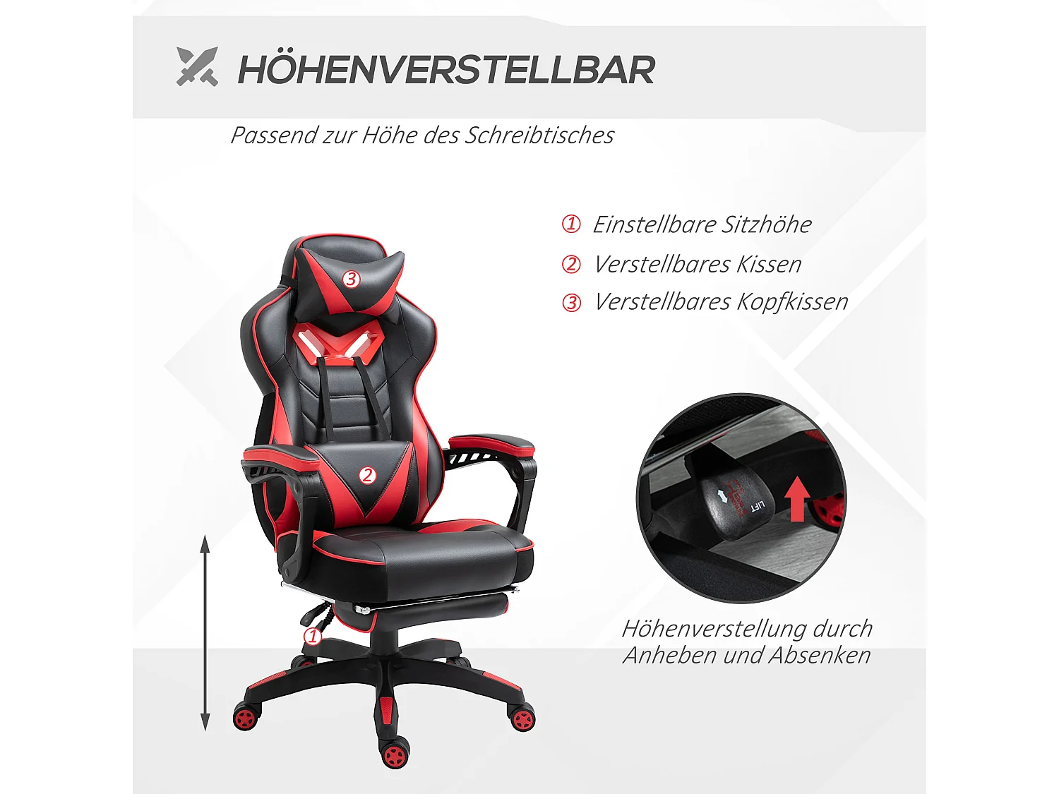 Chaise de bureau gaming avec fonction massage, cuir synthétique, noir et bleu (65x70x118.5-128.5 cm)